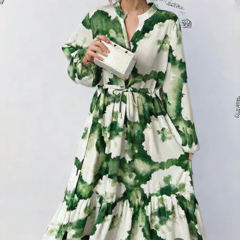 Lace Trim Floral Print Long Sleeve Dress with Turn-Down Collar and Waist Cinching - Image 4