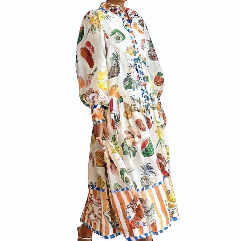 Lace Trim Floral Print Long Sleeve Dress with Turn-Down Collar and Waist Cinching - Image 5