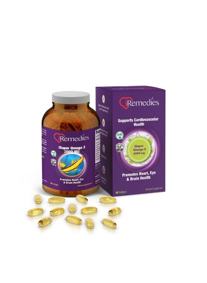 iRemedies iSuper Omega 2000mg - Triple-Strength Omega-3 Fish Oil for Heart, Brain, and Joint Health - 90 Softgels - Image 1