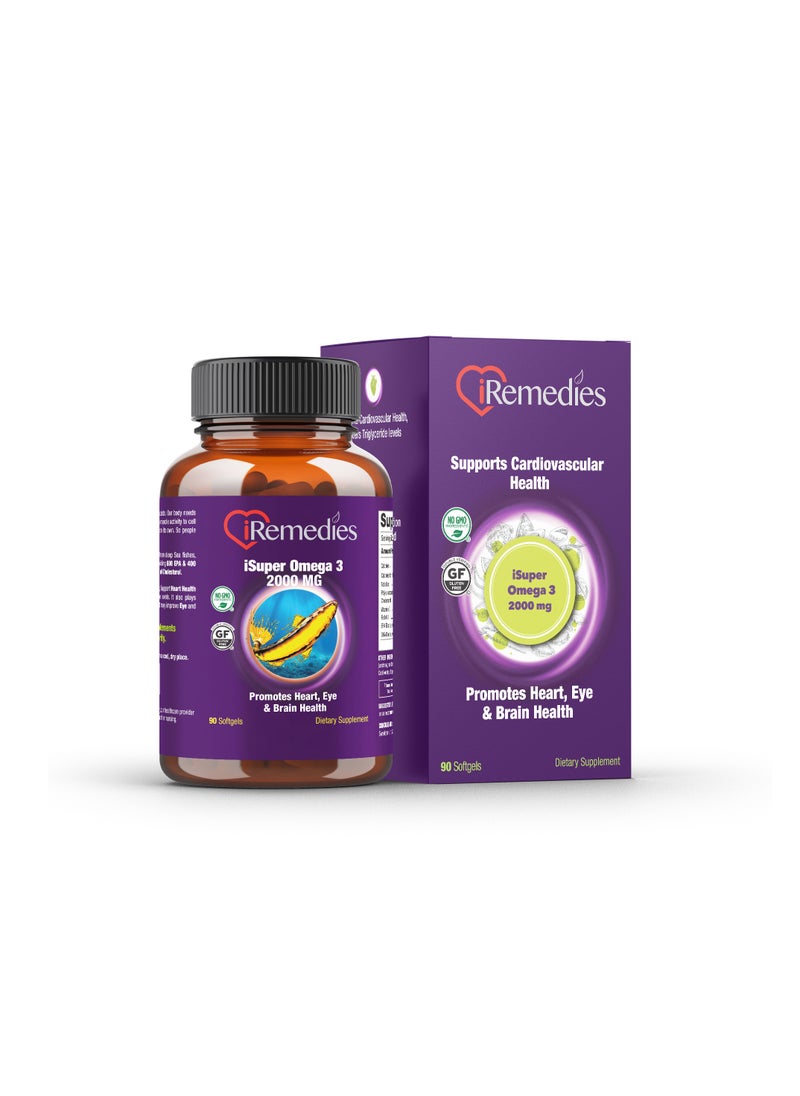 iRemedies iRemedies iSuper Omega 2000mg - Triple-Strength Omega-3 Fish Oil for Heart, Brain, and Joint Health - 90 Softgels  - Image 1