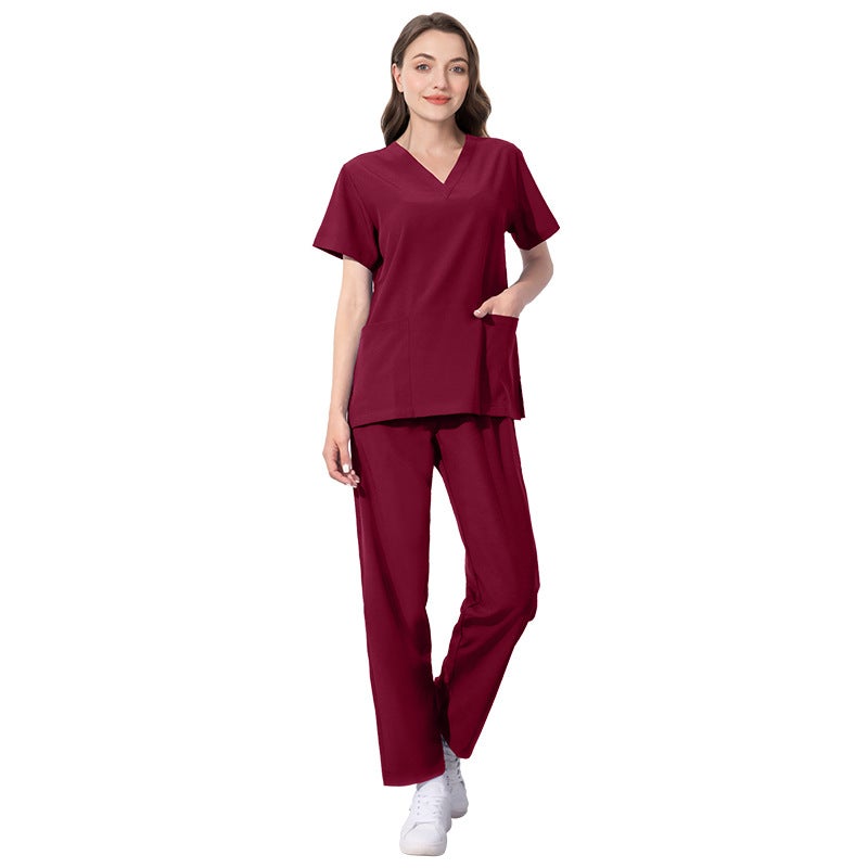 Elastic Quick-dry Scrub Set V-Neck Medical Nurse Uniform 42021 wine red 