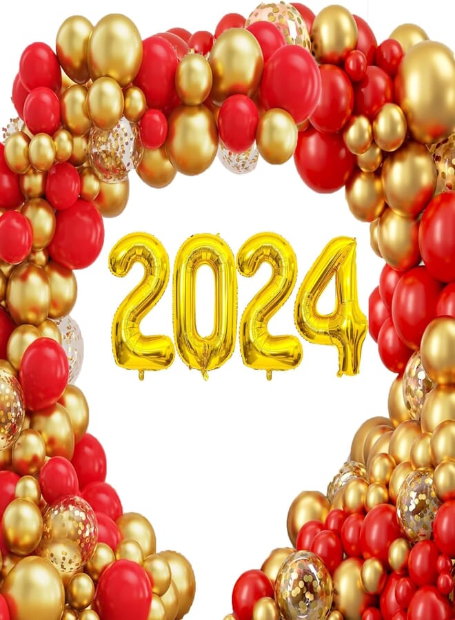 New Year Decorations 2024 Red Gold New Year Balloon Arch Metalic Confetti Latex Balloons with 2024 Foil Balloon Banners for New Years Eve Party Supplies 2024 Chinese New Year Decorations