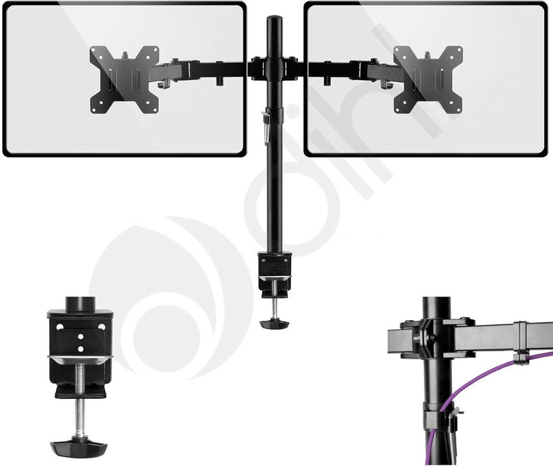 Dihl Dual Monitor Desk Stand, Twin Monitor Mount Clamp for 13 to 27 Inch Screens, Height Adjustable Arms, Tilts 90°, Swivels 180°, Rotates 360°, VESA 75 or 100mm, Black - Image 1