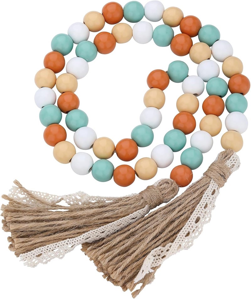 Sfoni Fall Decorations Harvest Wood Bead Garland with Tassel, Home Farmhouse Tiered Tray Decor with Jute Rope Plaid Tassel Rustic Fall Décor for Mantle Porch Door Shelf Orange White Rae Dunn Autumn Beads - Image 1