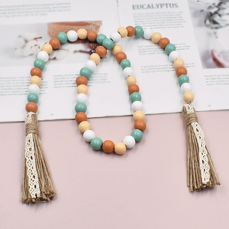 Sfoni Fall Decorations Harvest Wood Bead Garland with Tassel, Home Farmhouse Tiered Tray Decor with Jute Rope Plaid Tassel Rustic Fall Décor for Mantle Porch Door Shelf Orange White Rae Dunn Autumn Beads - Image 3