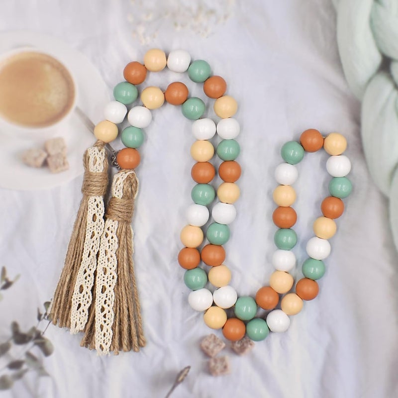 Sfoni Fall Decorations Harvest Wood Bead Garland with Tassel, Home Farmhouse Tiered Tray Decor with Jute Rope Plaid Tassel Rustic Fall Décor for Mantle Porch Door Shelf Orange White Rae Dunn Autumn Beads - Image 4