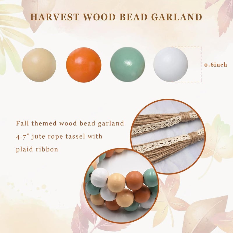 Sfoni Fall Decorations Harvest Wood Bead Garland with Tassel, Home Farmhouse Tiered Tray Decor with Jute Rope Plaid Tassel Rustic Fall Décor for Mantle Porch Door Shelf Orange White Rae Dunn Autumn Beads - Image 2