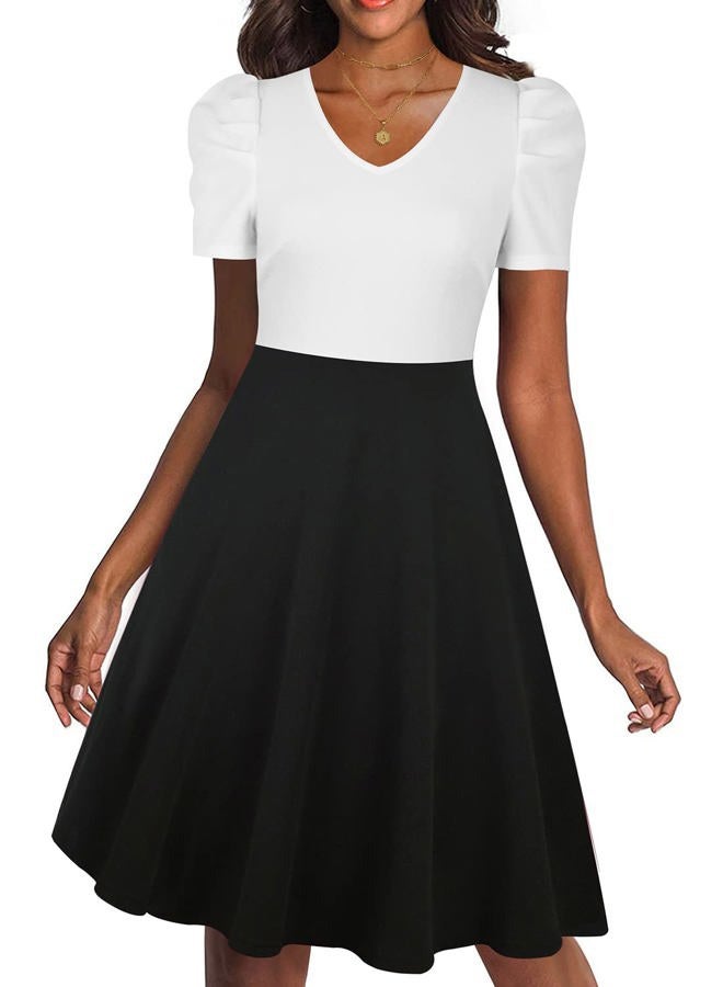 RANPHEE Women Summer Floral Ruffle Sleeve Wear to Work Church Wedding Guest Party Dresses, 1 White Black, S - Image 1