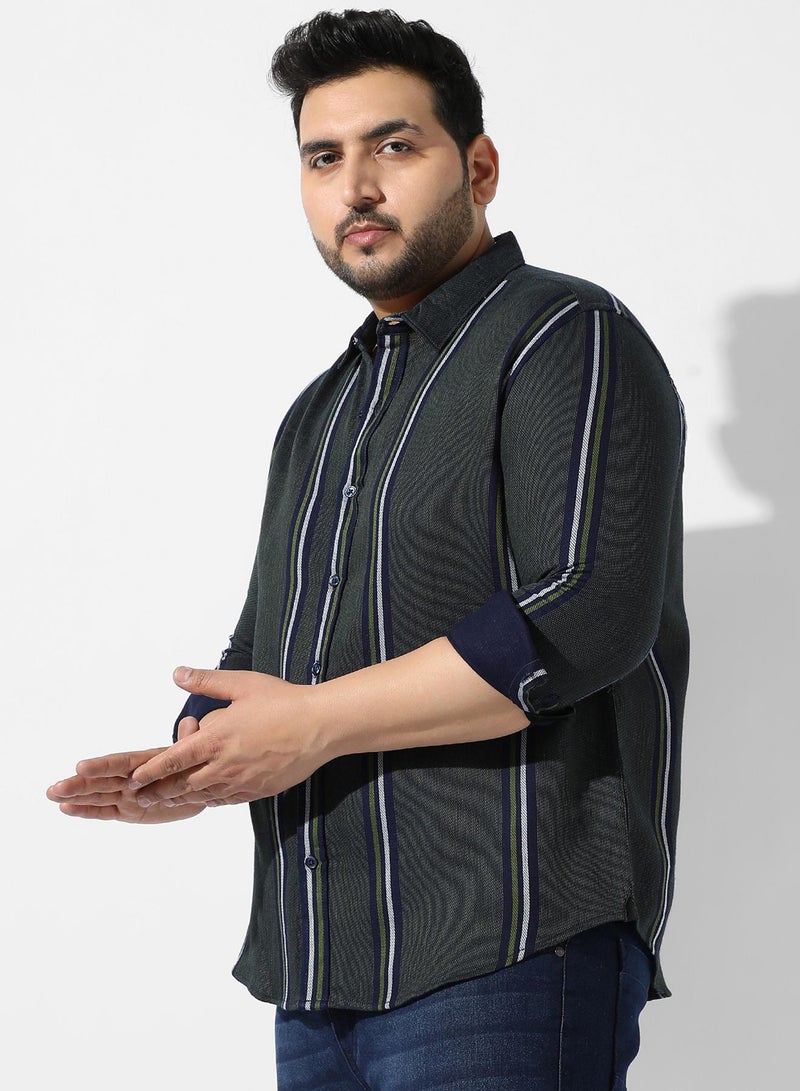 Instafab Plus Men's Emerald Green Halo Striped Shirt For Casual Wear | Spread Collar | Long Sleeve | Button Closure | Shirt Crafted With Comfort Fit For Everyday Wear - Image 3