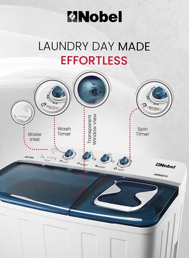 Nobel 20.0 Kg Washer / 10 Kg Spin Capacity Twin-Tub Semi-Automatic Washing Machine, Knob Control, Timer, Hinged Spin Lid, 480W Wash Input Power, Efficient Laundry Solution 20 kg 480 W NWM2010 Light Grey with Blue Lid - Image 3