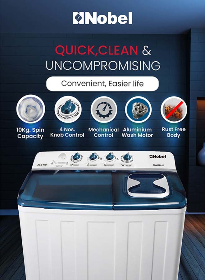 Nobel 20.0 Kg Washer / 10 Kg Spin Capacity Twin-Tub Semi-Automatic Washing Machine, Knob Control, Timer, Hinged Spin Lid, 480W Wash Input Power, Efficient Laundry Solution 20 kg 480 W NWM2010 Light Grey with Blue Lid - Image 4