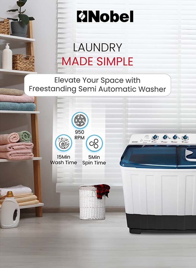 Nobel 20.0 Kg Washer / 10 Kg Spin Capacity Twin-Tub Semi-Automatic Washing Machine, Knob Control, Timer, Hinged Spin Lid, 480W Wash Input Power, Efficient Laundry Solution 20 kg 480 W NWM2010 Light Grey with Blue Lid - Image 5