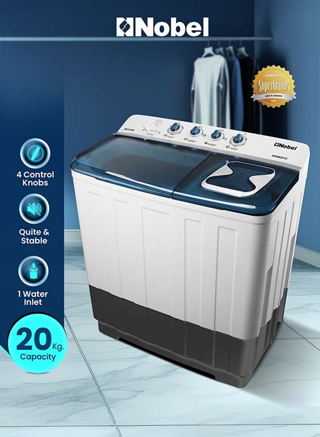 Nobel 20kg Wash / 10kg Spin Capacity Twin-Tub Semi-Automatic Washing Machine | With Knob Control, Timer, Hinged Spin Lid & 480W Wash Power – NWM2010 Light Grey 20 kg 480 W NWM2010 Light Grey with Blue Lid
