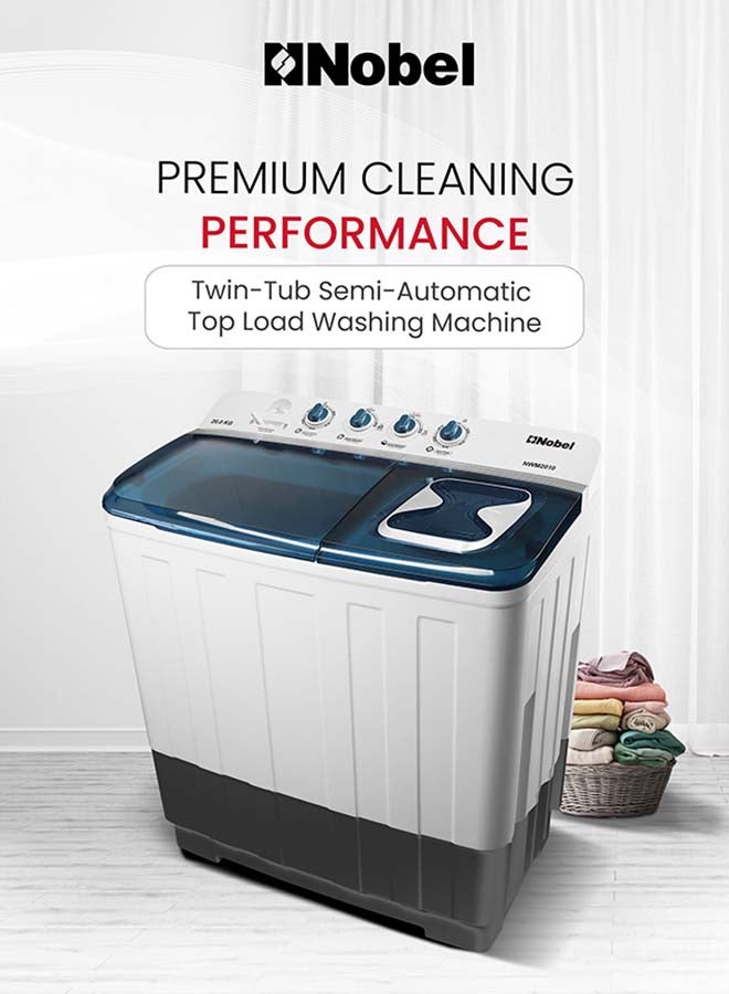 Nobel 20.0 Kg Washer / 10 Kg Spin Capacity Twin-Tub Semi-Automatic Washing Machine, Knob Control, Timer, Hinged Spin Lid, 480W Wash Input Power, Efficient Laundry Solution 20 kg 480 W NWM2010 Light Grey with Blue Lid - Image 2