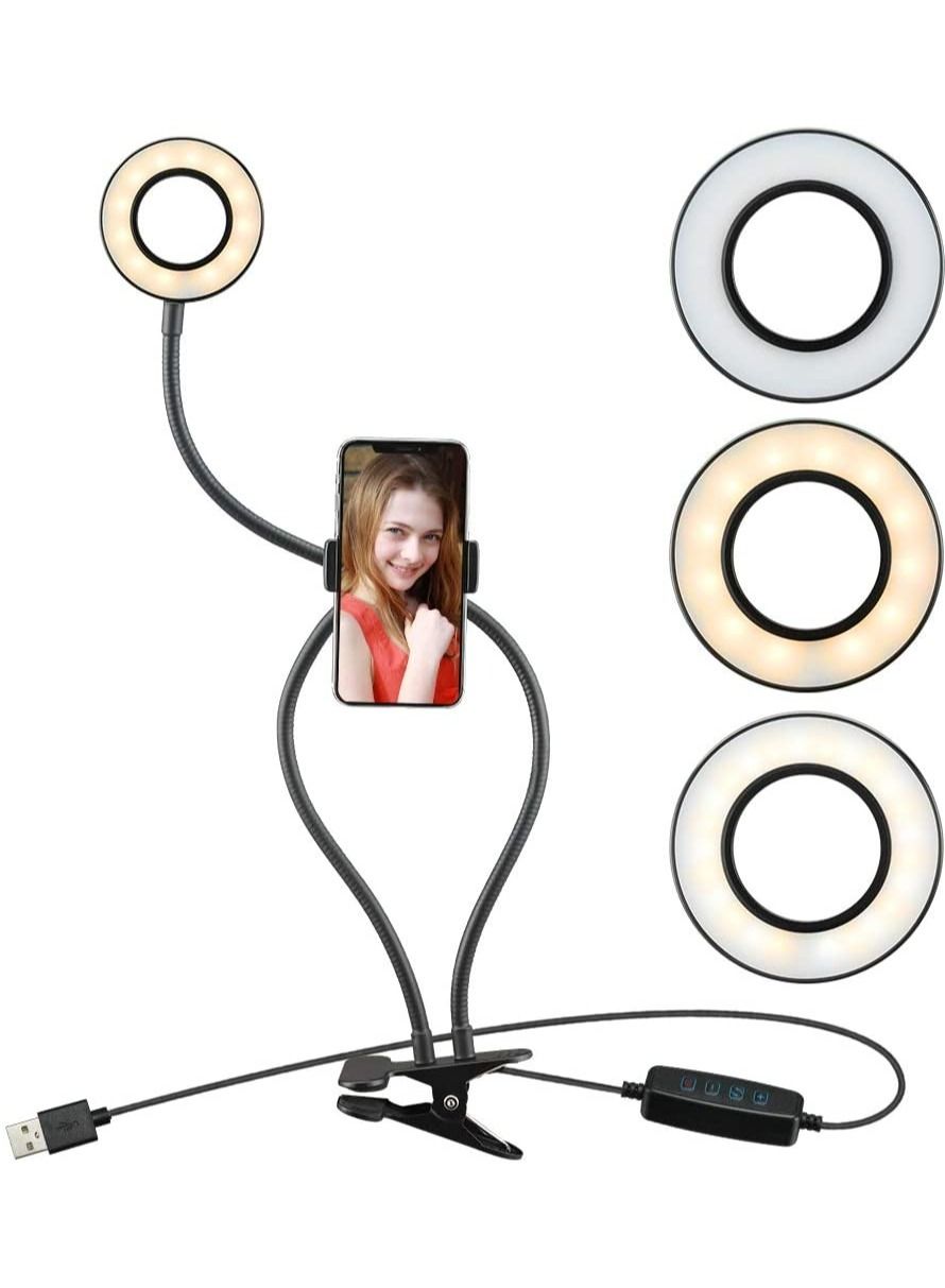 Selfie Ring Light with Cell Phone Holder Stand for Live Stream & Makeup,LED Camera Light with Lazy Bracket for Video/Photography, Desk Lamp for Bedroom, Office, Kitchen