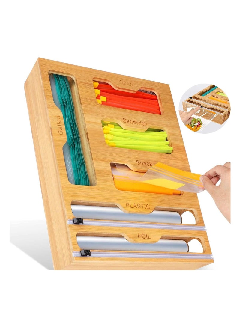 ALAMAREQ Bag Organizer and Plastic Wrap Dispenser with Cutter, 6 In 1 Bamboo Foil and Plastic Wrap Organizer for Kitchen Drawer, Food Storage Bag Organizer for Gallon,Quart,Sandwich,Snack(Yellow)  - Image 1