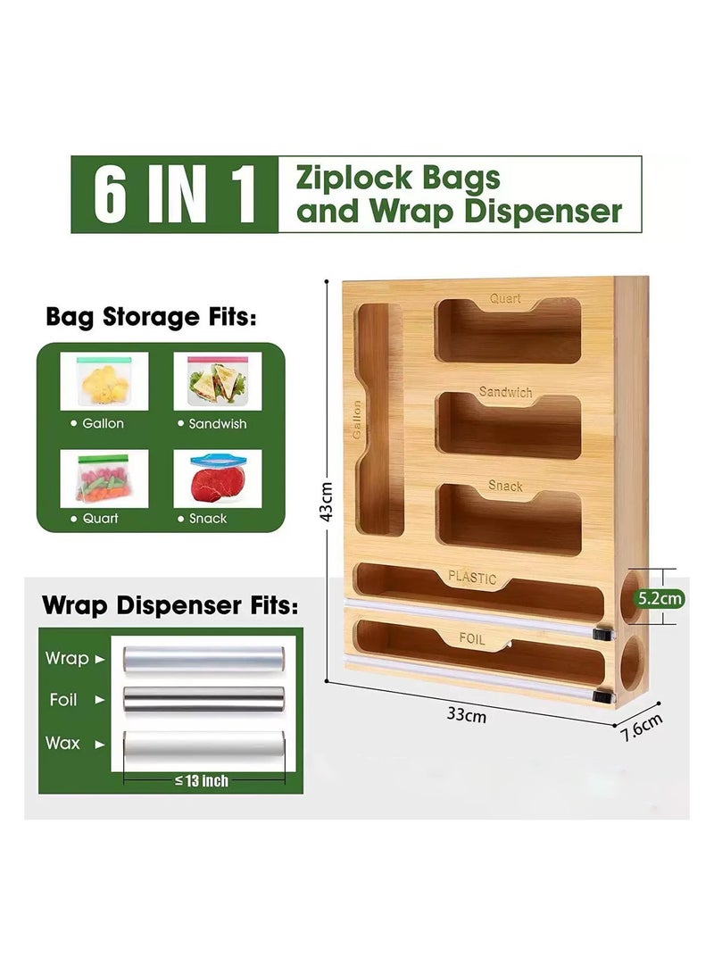 ALAMAREQ Bag Organizer and Plastic Wrap Dispenser with Cutter, 6 In 1 Bamboo Foil and Plastic Wrap Organizer for Kitchen Drawer, Food Storage Bag Organizer for Gallon,Quart,Sandwich,Snack(Yellow)  - Image 2