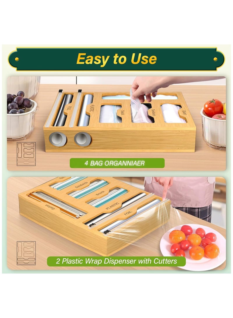 ALAMAREQ Bag Organizer and Plastic Wrap Dispenser with Cutter, 6 In 1 Bamboo Foil and Plastic Wrap Organizer for Kitchen Drawer, Food Storage Bag Organizer for Gallon,Quart,Sandwich,Snack(Yellow)  - Image 4