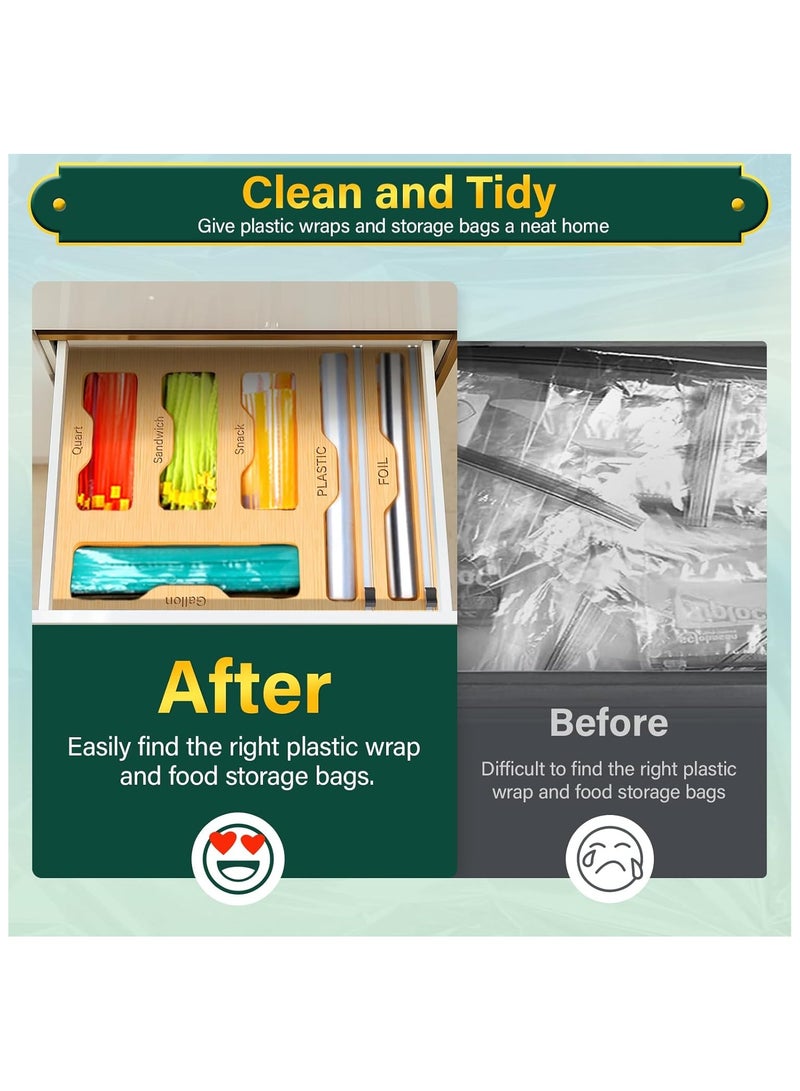 ALAMAREQ Bag Organizer and Plastic Wrap Dispenser with Cutter, 6 In 1 Bamboo Foil and Plastic Wrap Organizer for Kitchen Drawer, Food Storage Bag Organizer for Gallon,Quart,Sandwich,Snack(Yellow)  - Image 5