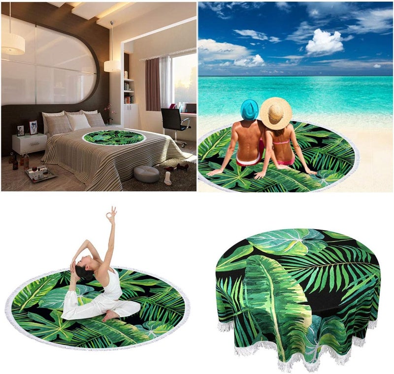 Violet Mist Mandala Tapestry Round Beach Towel Yoga Picnic Mat Roundie Tablecloth Water Absorbent Terry Towel with Tassels (Tropical Palm Leaves) - Image 3