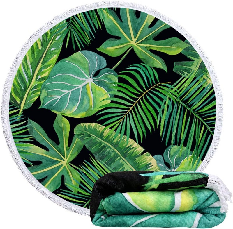 Violet Mist Mandala Tapestry Round Beach Towel Yoga Picnic Mat Roundie Tablecloth Water Absorbent Terry Towel with Tassels (Tropical Palm Leaves) - Image 1