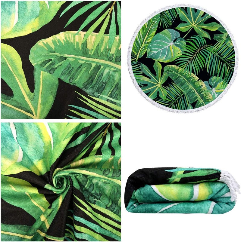 Violet Mist Mandala Tapestry Round Beach Towel Yoga Picnic Mat Roundie Tablecloth Water Absorbent Terry Towel with Tassels (Tropical Palm Leaves) - Image 2