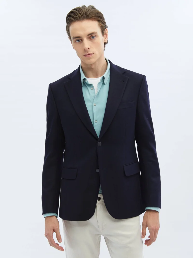 Kip Navy Blue Plain Regular Fit Wool Blend Jacket