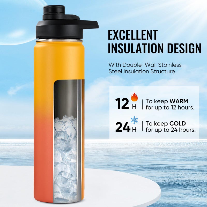 Fijinhom 24 oz Insulated Water Bottle with Handle, 304 Stainless Steel Water Bottles with Wide Mouth, Double Wall Vacuum Sports Water Bottle, BPA Free, Keep Cold and Hot, Yellow&Orange - Image 2