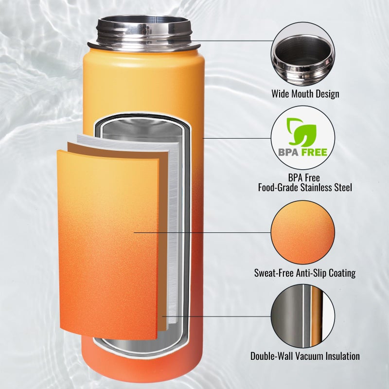 Fijinhom 24 oz Insulated Water Bottle with Handle, 304 Stainless Steel Water Bottles with Wide Mouth, Double Wall Vacuum Sports Water Bottle, BPA Free, Keep Cold and Hot, Yellow&Orange - Image 4
