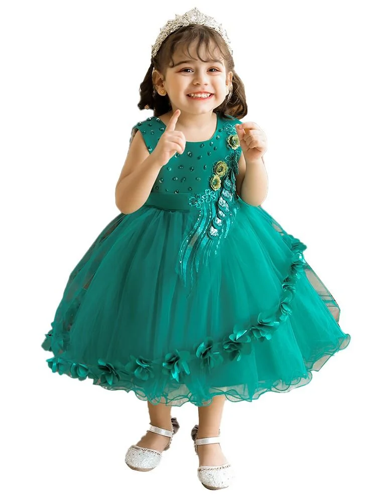 babyqlo Elegant green knee-length dress with pearl and lace work dress for girls