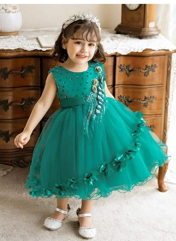 babyqlo Elegant green knee-length dress with pearl and lace work dress for girls