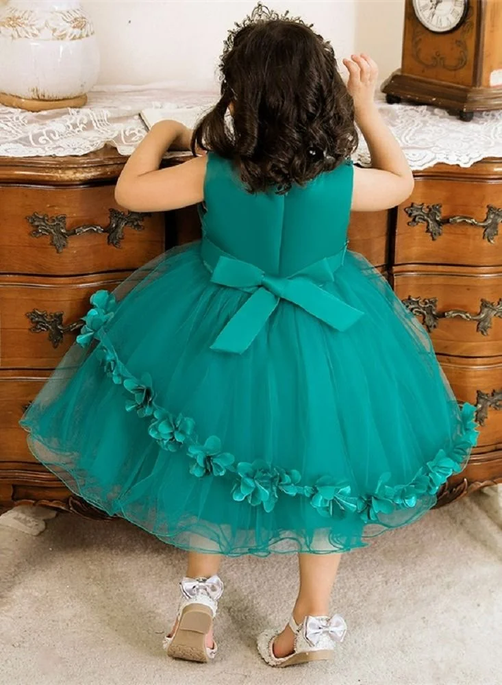 babyqlo Elegant green knee-length dress with pearl and lace work dress for girls