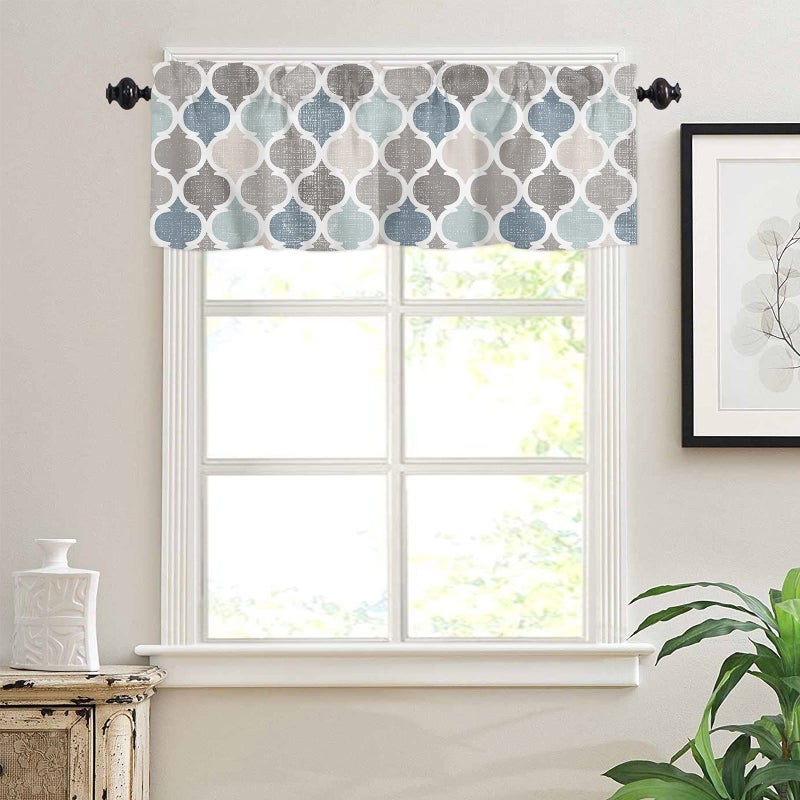 Curtains for Living Room Retro Blue Moroccan Geometric Pattern Semi Sheer for Windows Rod Pocket Short Window Treatment Dcor Light Filtering Kitchen Valance 54inx18in