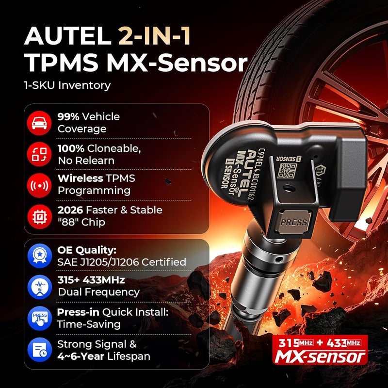 أوتل مستشعر TPMS من ، مستشعر MX-Sensor 315MHz + 433MHz بصمام معدني، عالمي قابل للبرمجة مصمم خصيصًا لاستبدال مستشعرات OEM، يعمل مع أداة TPMS TS408S TS501 PRO TS508WIFI MK808S-TS - Image 2