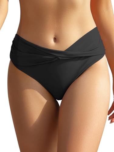 SHEKINI Women's Cheeky Swimsuit Twist Front Bikini Bottoms Ruched Swim Bottoms (Black, Small) - Image 1