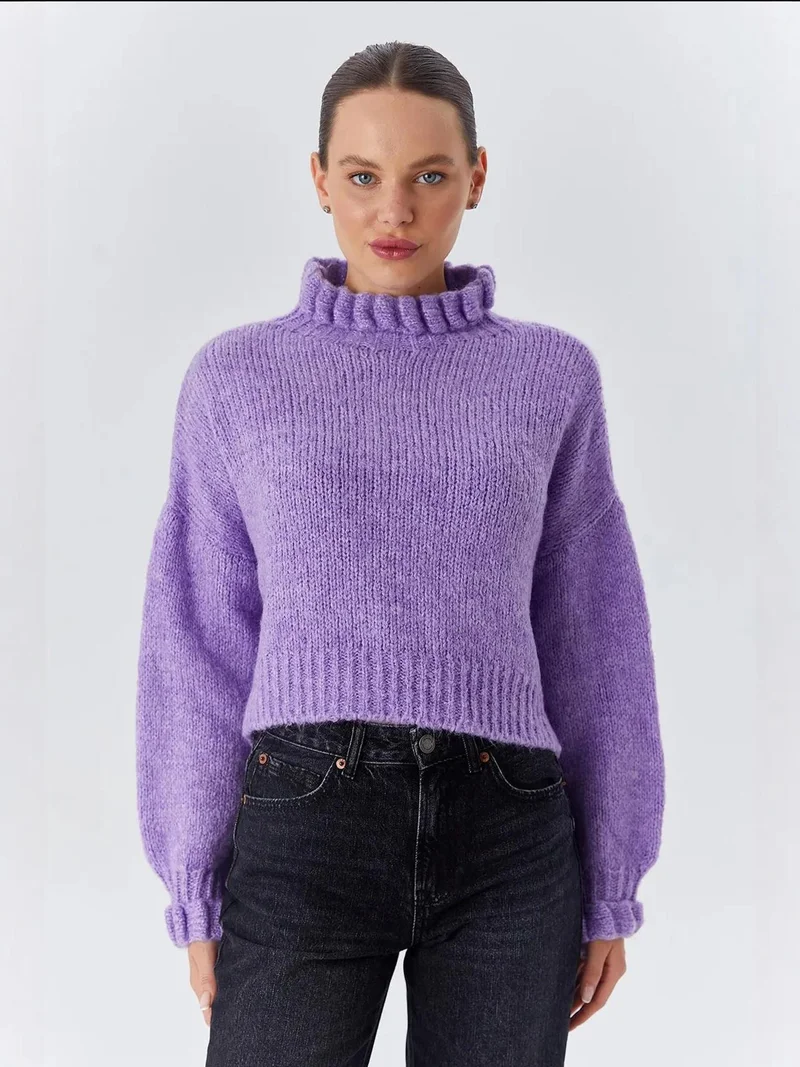 MixRay Mixray Thick Turtleneck Textured Crop Sweater