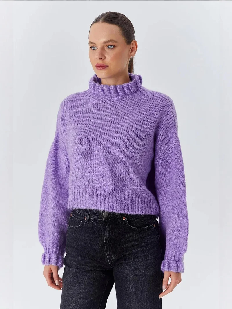 MixRay Mixray Thick Turtleneck Textured Crop Sweater