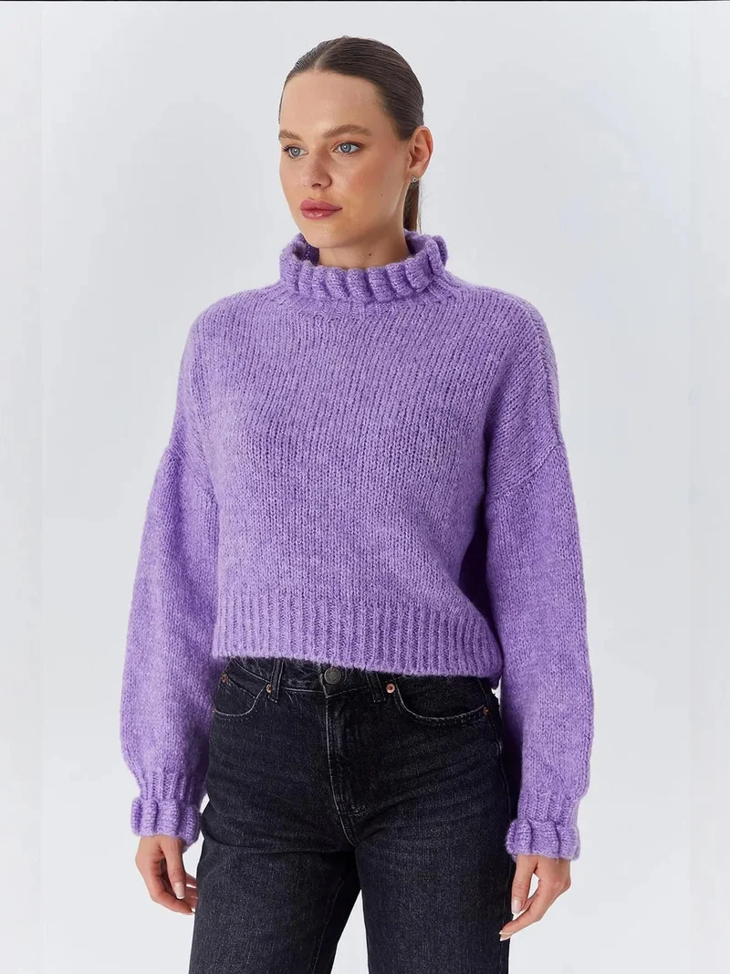 MixRay Mixray Thick Turtleneck Textured Crop Sweater
