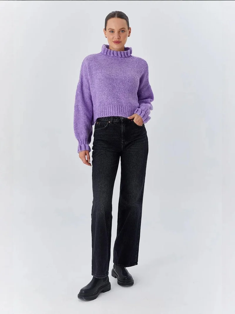 MixRay Mixray Thick Turtleneck Textured Crop Sweater