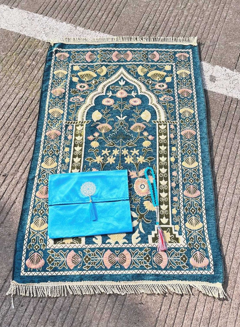 JEEJPV Prayer Blanket and Beads with Elegant Cloth Bag, Thin Lightweight Polyester Prayer Mat, Prayer Blanket, Good for Gift, Prayer 70x110cm Blue 2