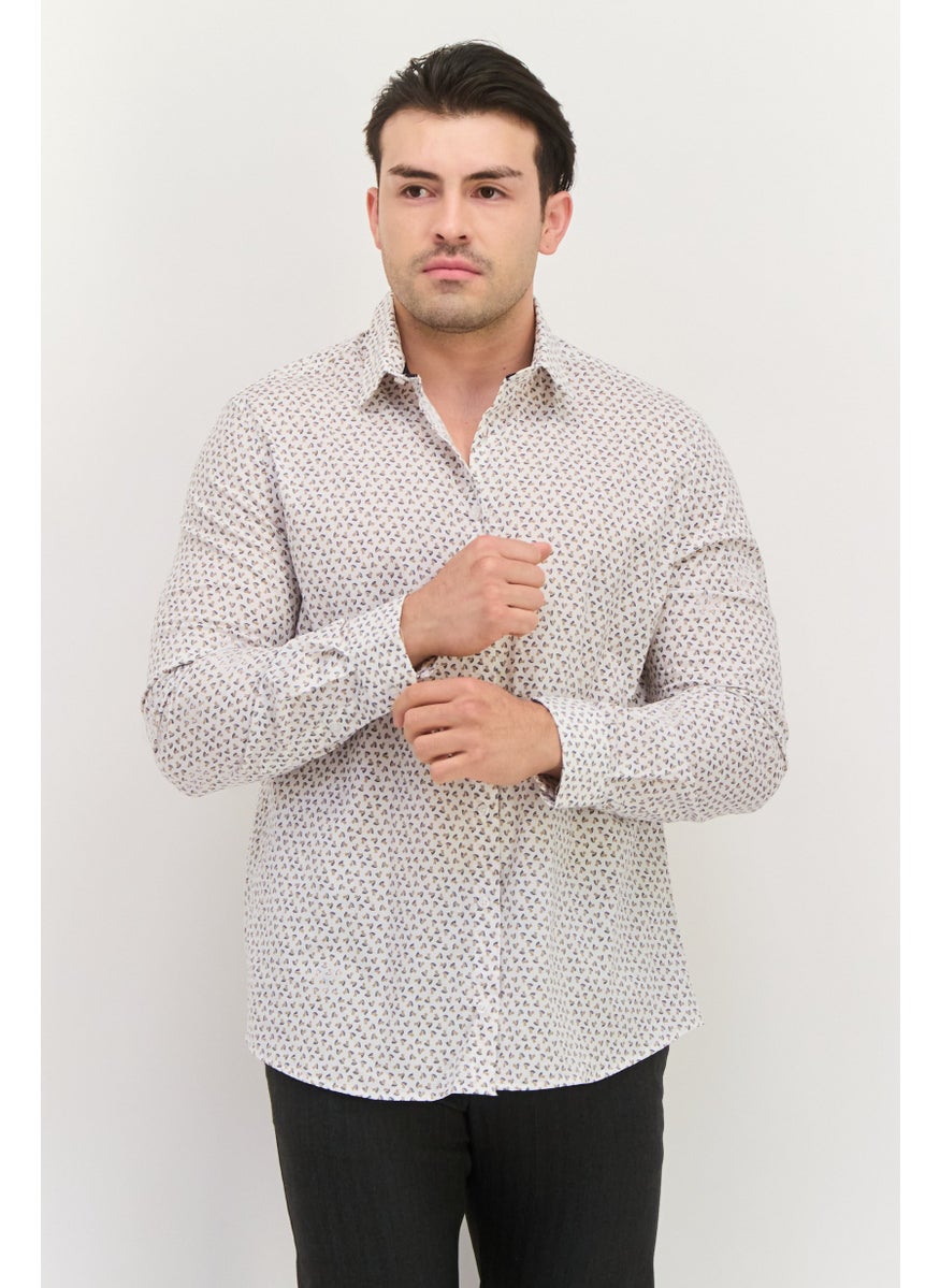 Jules Men Regular Fit Allover Print Long Sleeves Casual Shirt, Beige  - Image 1