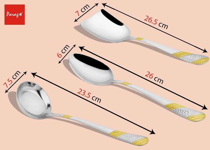 Parage 4 Pieces Stainless Steel Golden Serving Spoons Set for Dining Table/Kitchen, 1.8 mm Heavy Gauge (1 Soup Ladle (Karchi), 1 Solid Spoon (Chamcha), 2 Rice/Serving Spoons), 24k Gold (Pack of 4) - Image 2