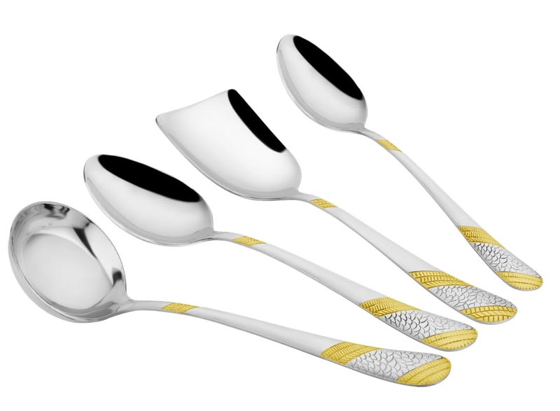Parage 4 Pieces Stainless Steel Golden Serving Spoons Set for Dining Table/Kitchen, 1.8 mm Heavy Gauge (1 Soup Ladle (Karchi), 1 Solid Spoon (Chamcha), 2 Rice/Serving Spoons), 24k Gold (Pack of 4) - Image 1