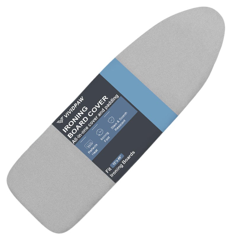 VividPaw Ironing Board Cover and Pad, 15x49, Thick Padding, Elastic Edge, Silicone Coated, Resist Scorching, Adjustable Fastener, 15x48, Heavy Duty Padded Iron Board Covers Grey - Image 1