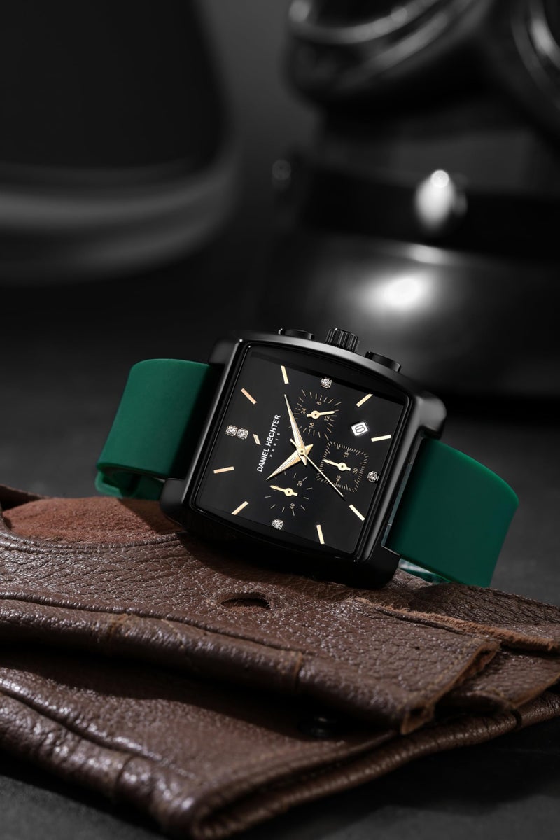 Daniel Hechter Paris Alma Collection Watch for Men Premium Chronograph Watch Black Square Dial Green Silicone Strap, Multi-Function, Date Display Luxury - Image 4