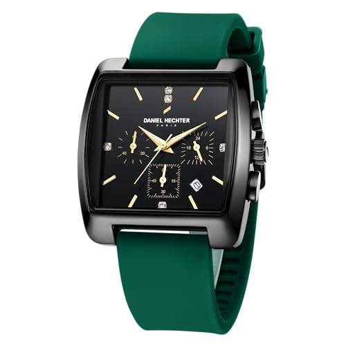 Daniel Hechter Paris Alma Collection Watch for Men Premium Chronograph Watch Black Square Dial Green Silicone Strap, Multi-Function, Date Display Luxury - Image 1