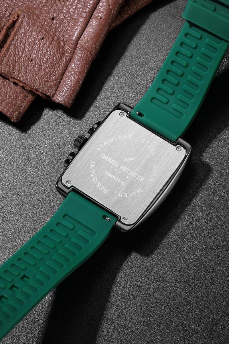Daniel Hechter Paris Alma Collection Watch for Men Premium Chronograph Watch Black Square Dial Green Silicone Strap, Multi-Function, Date Display Luxury - Image 5