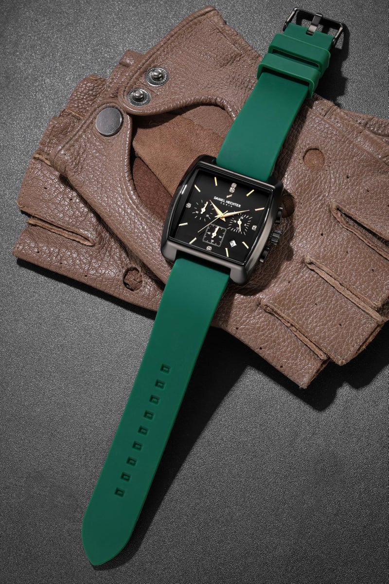 Daniel Hechter Paris Alma Collection Watch for Men Premium Chronograph Watch Black Square Dial Green Silicone Strap, Multi-Function, Date Display Luxury - Image 3