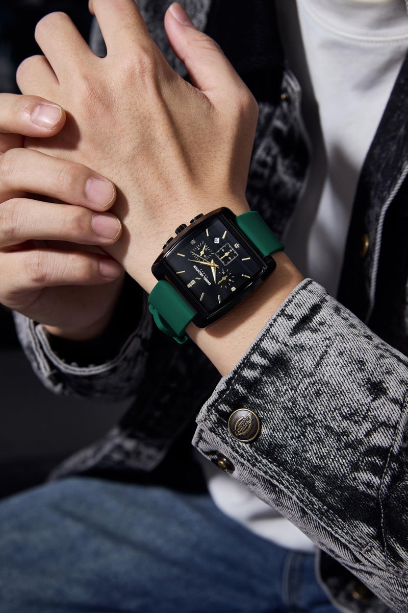 Daniel Hechter Paris Alma Collection Watch for Men Premium Chronograph Watch Black Square Dial Green Silicone Strap, Multi-Function, Date Display Luxury - Image 2