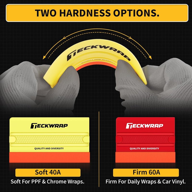 TECKWRAP Felt Squeegee for Vinyl Wrap, 2 Hardness Options Vinyl Scraper Tool with Anti-Slip Twin Ribs & Dual-Corner Design for PPF, Tint & Decals (Yellow 40A / Red 60A) - Image 3